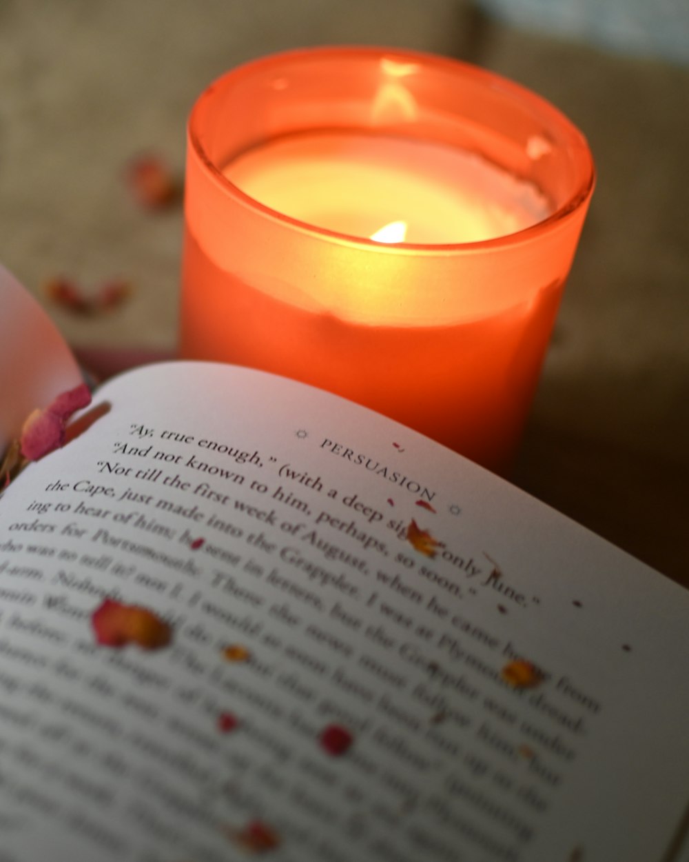 An open book beside a lit candle, scattered with dried rose petals