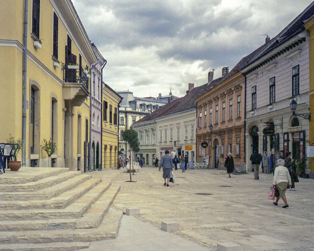 A cobblestone square in the old town of Pécs, Hungary